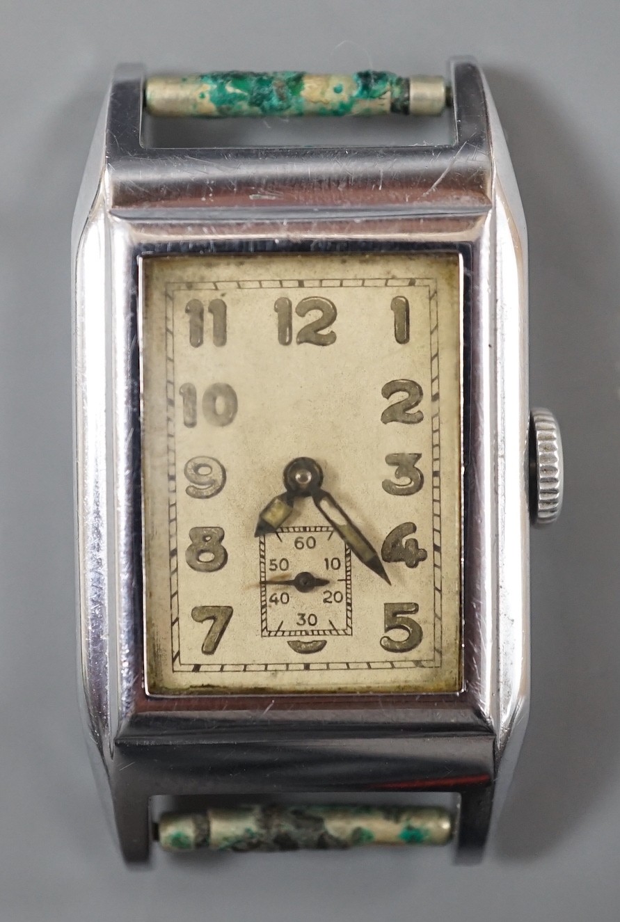 A gentleman's Swiss 1940's? stainless steel manual wind rectangular dial wrist watch, no strap.